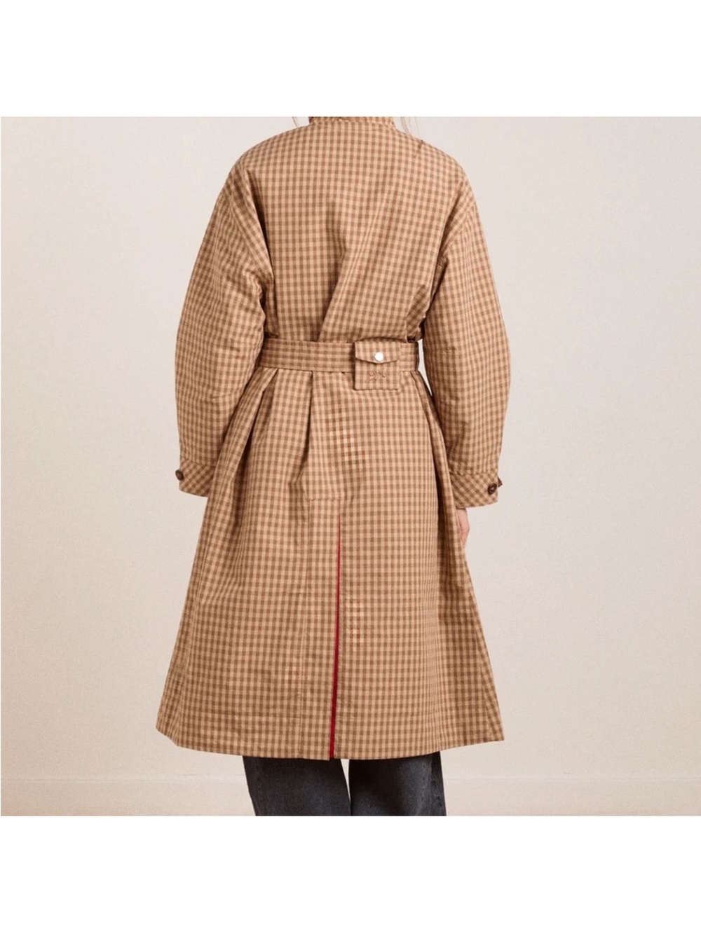 Damson Madder Reversible Red and Tan Check Women's Trench Coat oversized - Picture 6 of 16